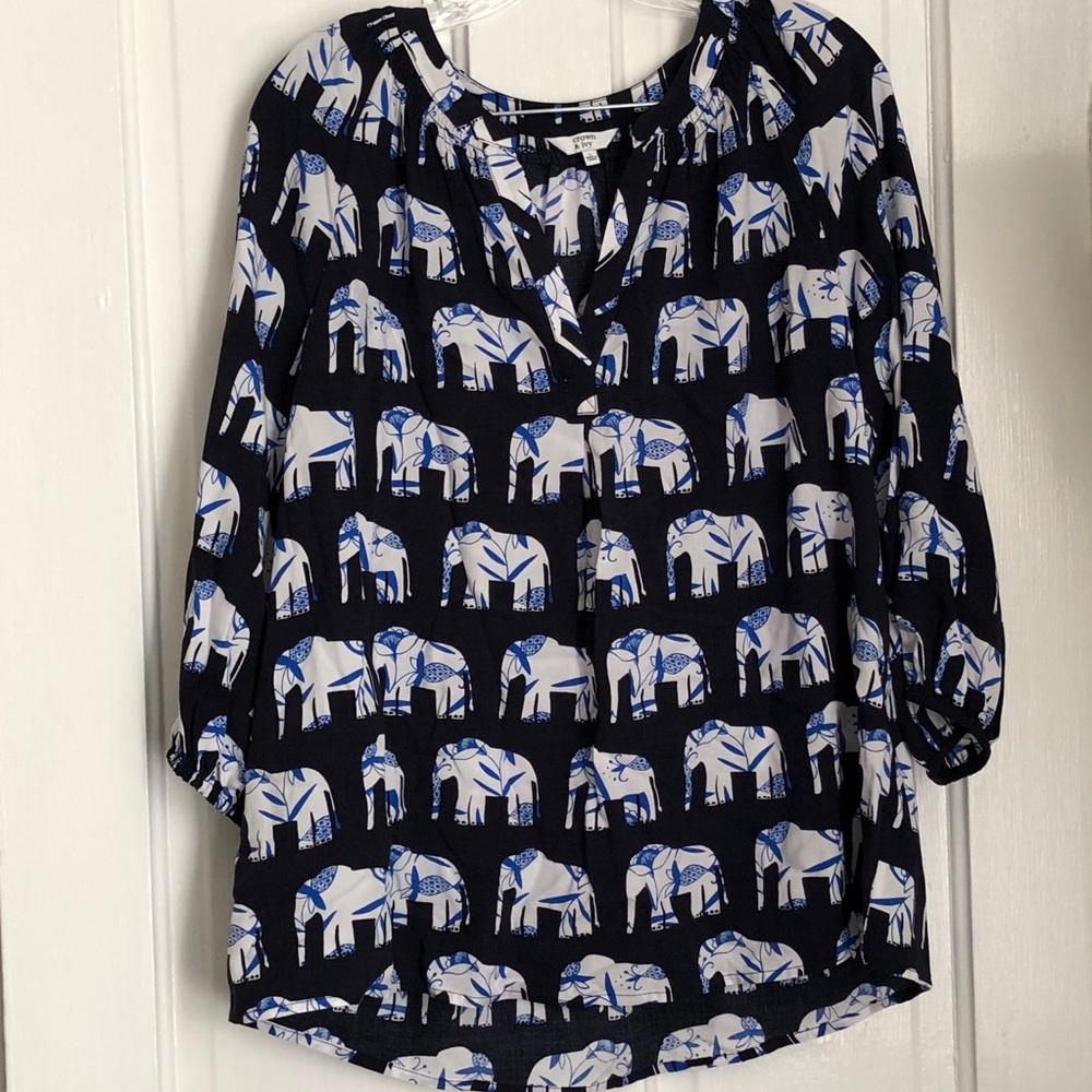 Crown & Ivy Popover Elephant Print Blouse